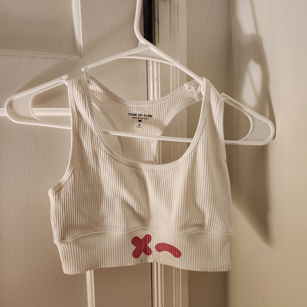 Year of Ours White Ribbed Sports Bra RUMBLE branded